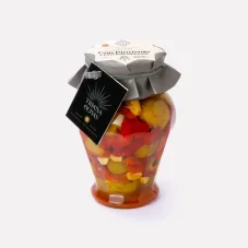 Don Gastronom Gordal olivy s pečenou paprikou a paprikou v olivovém oleji s kouřovou příchutí 580g