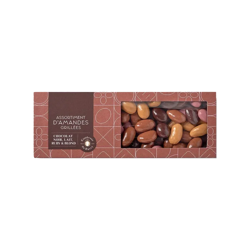 Směs pražených mandlí v hořké, mléčné, ruby a blond čokoládě 230g