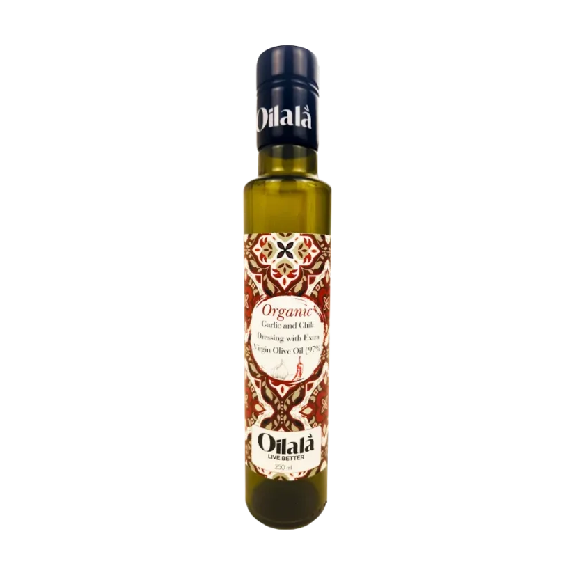 Oilala Extra panenský olivový olej s příchutí česneku a chilli BIO 250ml